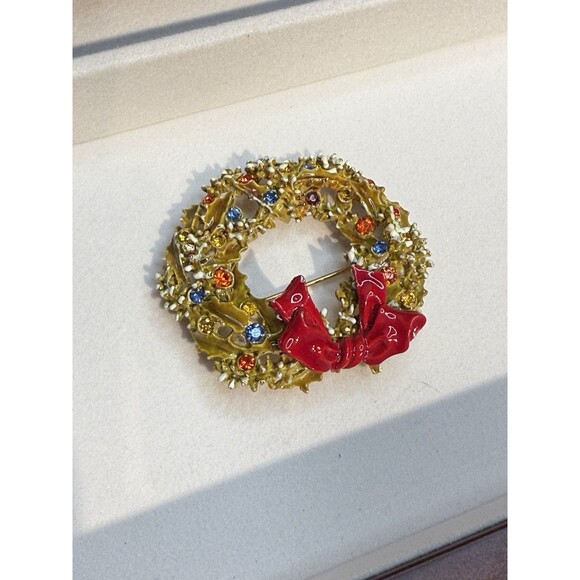 Vintage Signed ARTHUR PEPPER Christmas Snow Tipped Wreath BROOCH PIN - Picture 2 of 5